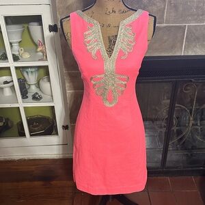 Lilly Pulitzer Fluorescent Pink Dress with Gold Metallic Accents